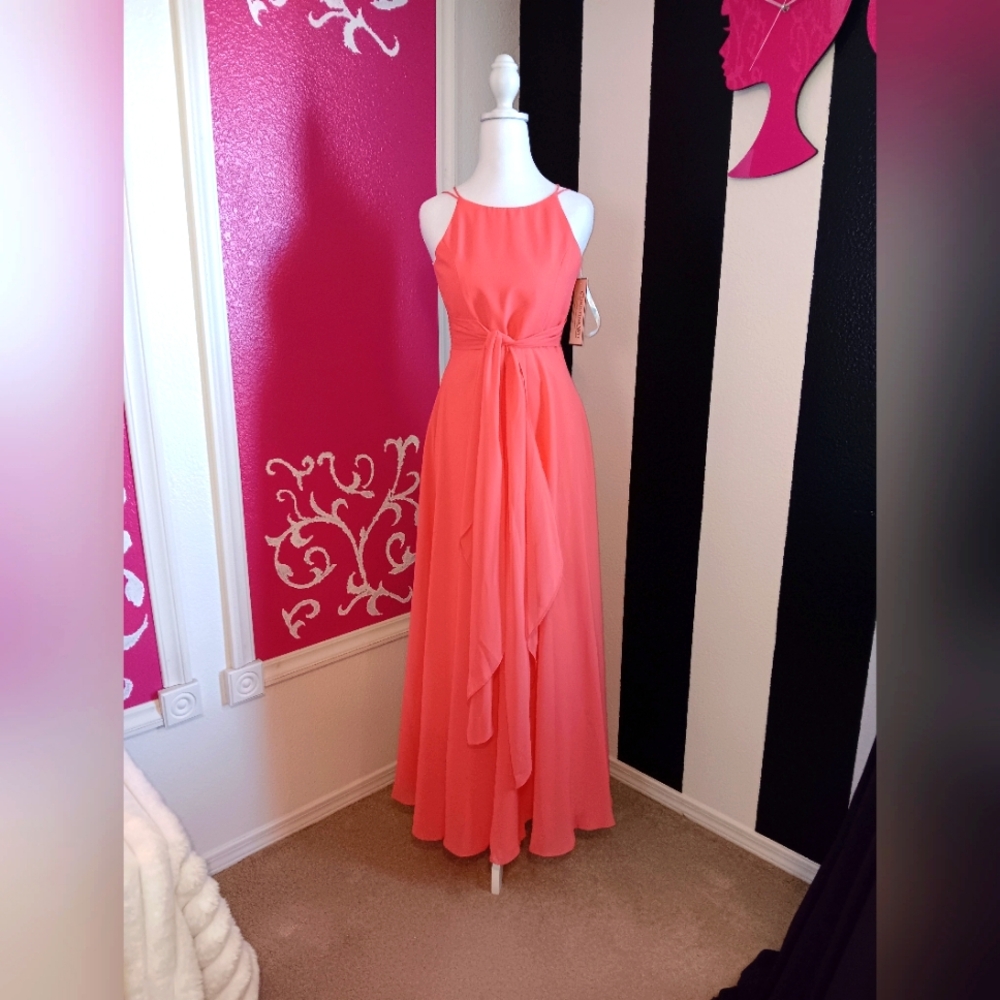 Christina Wu Orange Ruched Halter Maxi Dress